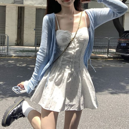 Pointelle Dress Spaghetti Ruffle A-Line Cardigan Plain Print Strap / Mini Floral