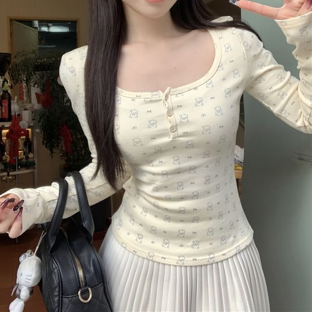 Print T-Shirt Bear Long-Sleeve Henley