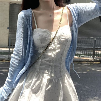 Pointelle Dress Spaghetti Ruffle A-Line Cardigan Plain Print Strap / Mini Floral