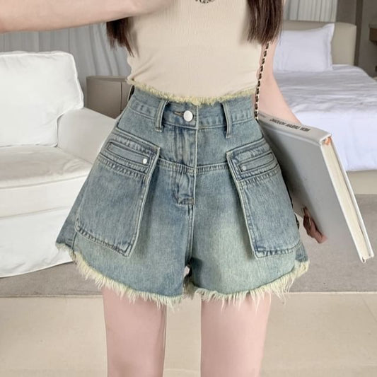 High Waist Washed Fray Mini Denim Shorts