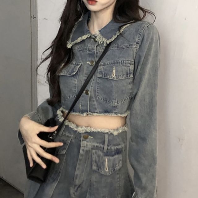 Collared Washed Fray Crop Button Denim Jacket / High Waist Pleated Mini A