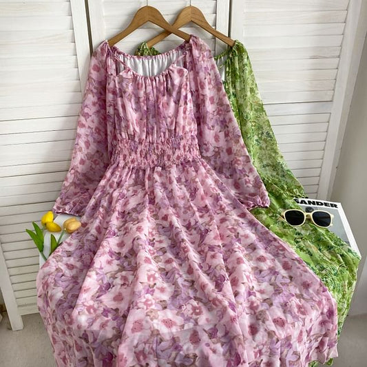 Long-Sleeve Scoop Neck Floral Maxi A-Line Dress