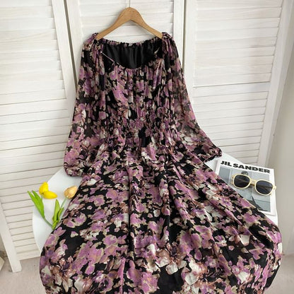 Long-Sleeve Scoop Neck Floral Maxi A-Line Dress