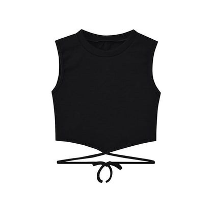 Crop Crew Plain Neck Back Tie Tank Criss Top Cross