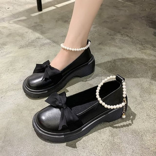 Ankle Loafers Platform Heel Chunky Strap Bow