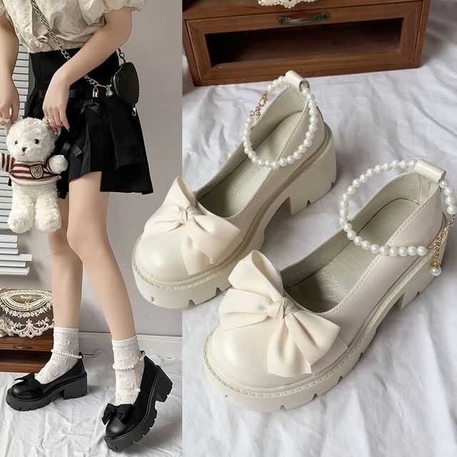 Heel Strap Platform Loafers Ankle Bow Chunky
