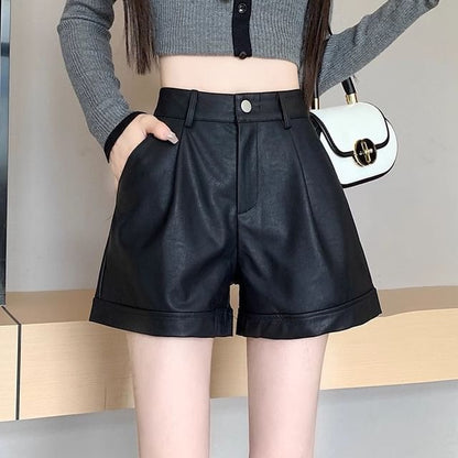 Waist High Faux Shorts Plain Leather