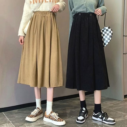 Waist Pocket Midi A-Line Skirt Elastic Plain