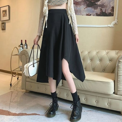 A-Line Plain Elastic Midi Skirt Asymmetrical Waist
