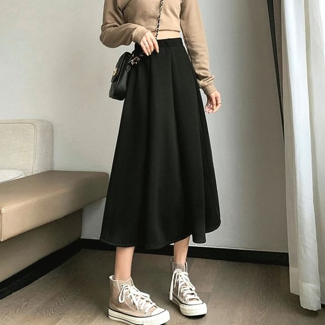 Skirt Waist High Midi Plain A-Line
