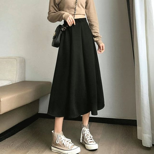 Skirt Waist High Midi Plain A-Line