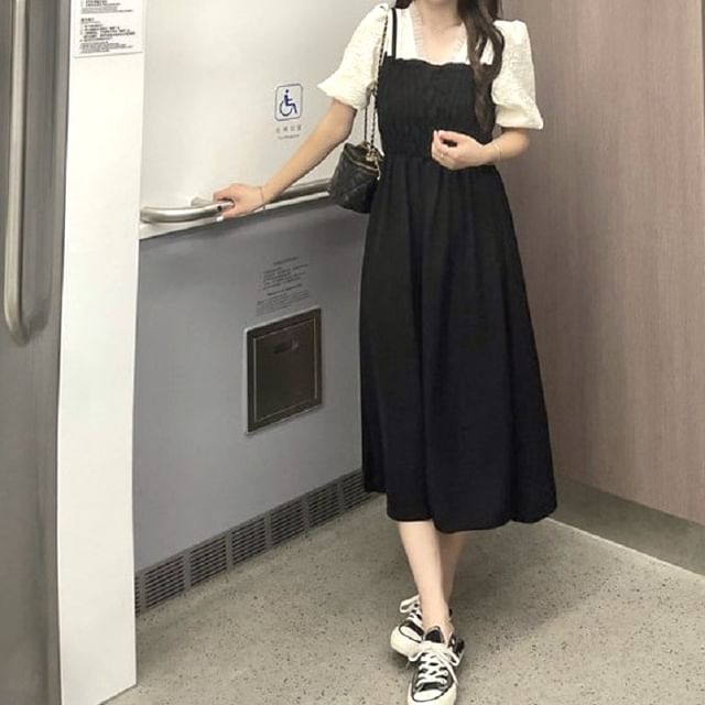 Mock A-Line Puff Midi V-Neck Dress Ruched Sleeve Two Piece