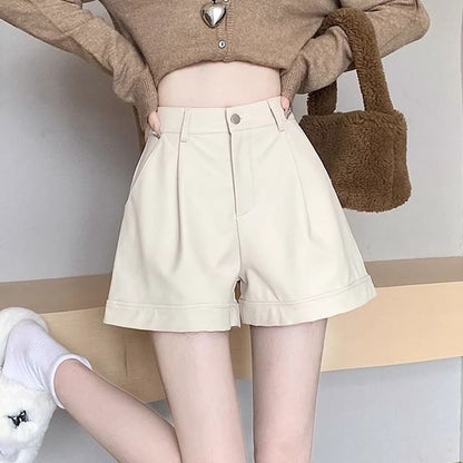 Waist High Faux Shorts Plain Leather