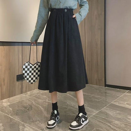 Waist Pocket Midi A-Line Skirt Elastic Plain