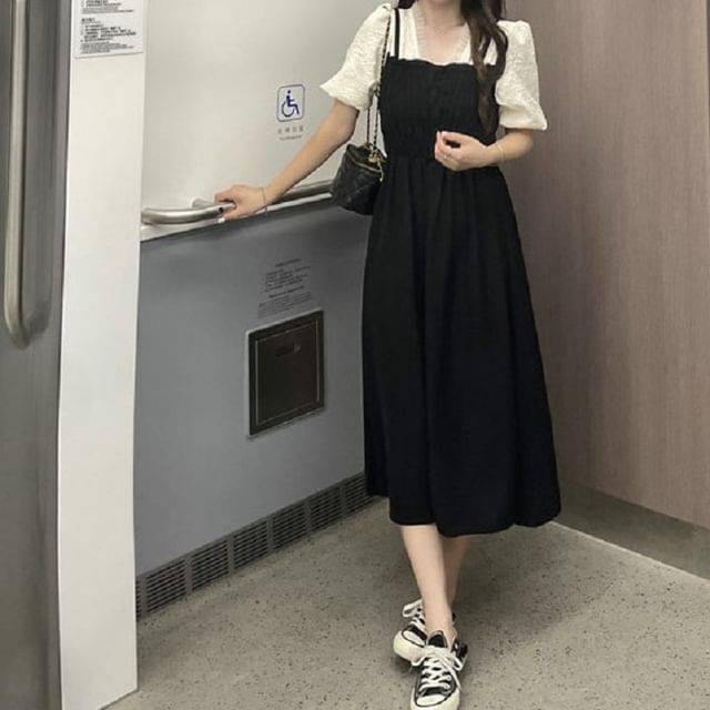 Mock A-Line Puff Midi V-Neck Dress Ruched Sleeve Two Piece