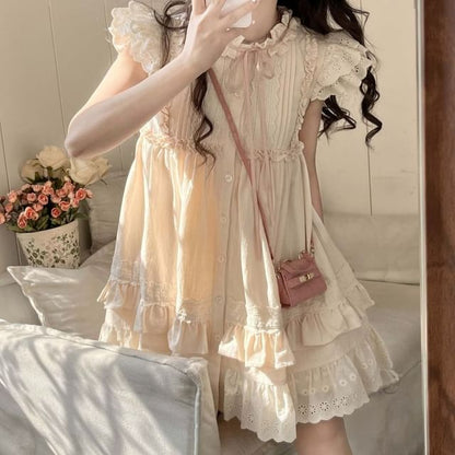 Sleeve Embroidered Cap Dress Bow Round Ruffle Mini A-Line Neck