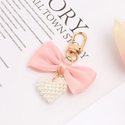 Bow Fabric Heart Faux Pearl Bag Charm Keyring (Various Designs)