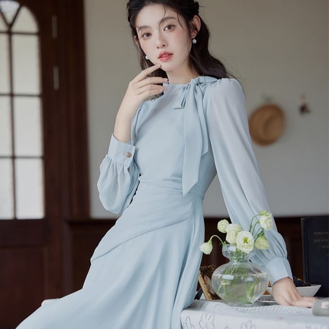 Long-Sleeve Tie Neck Plain Maxi A-Line Dress