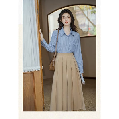 Long-Sleeve Plain Crop Top / Striped Shirt / High Waist Maxi A-Line Pleated Skirt / Set