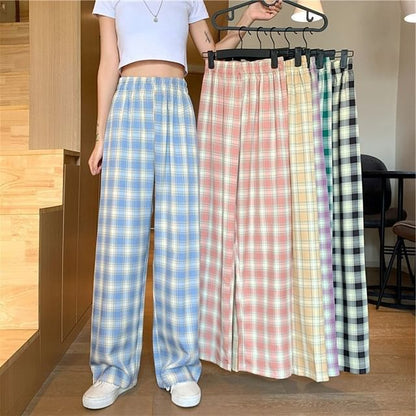 Waist Leg Plaid Pants Elastic Wide