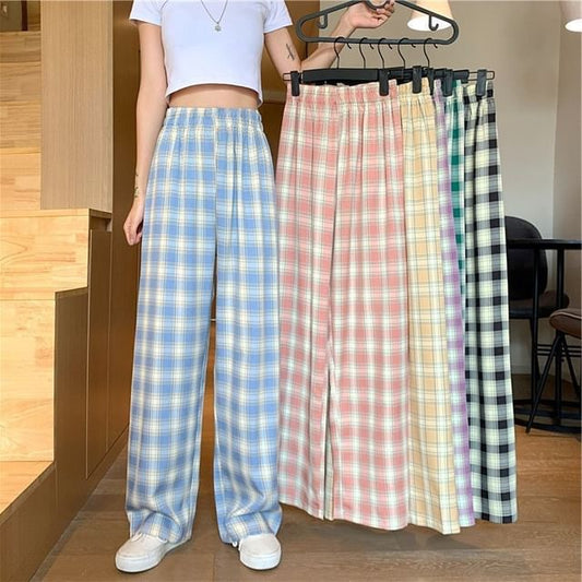 Waist Leg Plaid Pants Elastic Wide