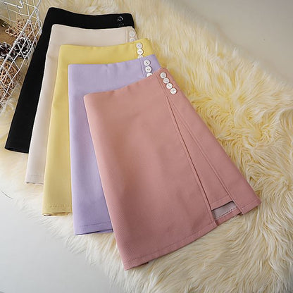 A-Line Mini Plain Skirt Waist High Panel Button