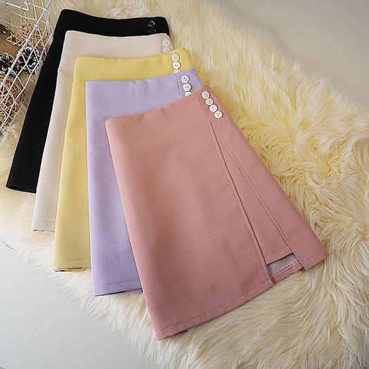 A-Line Mini Plain Skirt Waist High Panel Button