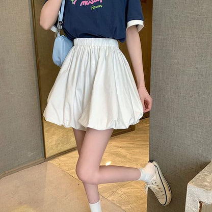 A-Line Mini Skirt Balloon Waist Plain Elastic