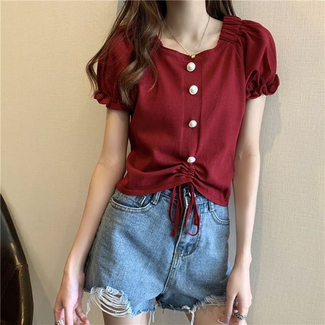 Drawstring Plain Button Neck Pearl Short-Sleeve Faux Square Top Knit
