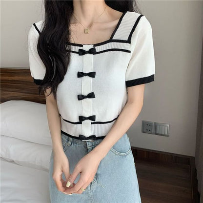 Square Short-Sleeve Top Neck Knit Bow