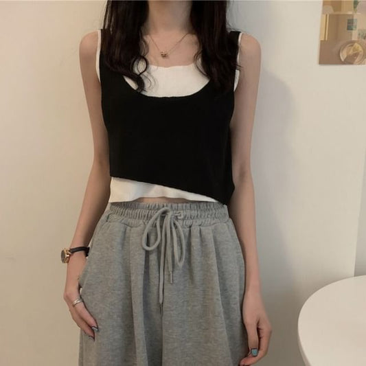 Scoop Top Piece Neck Knit Mock Two Tank