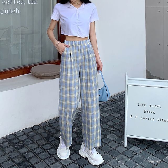 Waist Leg Plaid Pants Elastic Wide
