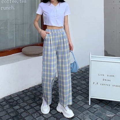 Waist Leg Plaid Pants Elastic Wide