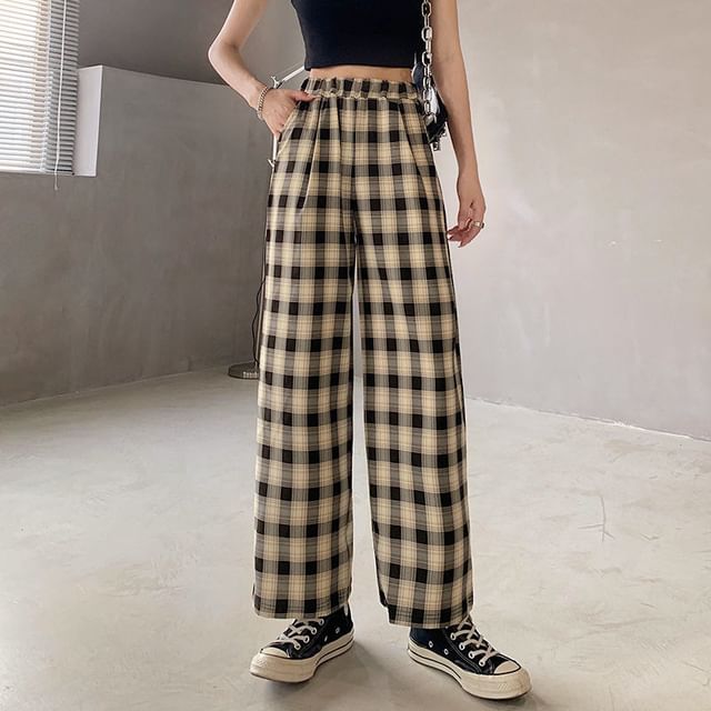 Waist Leg Plaid Pants Elastic Wide