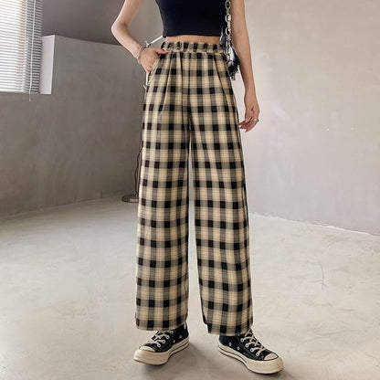 Waist Leg Plaid Pants Elastic Wide