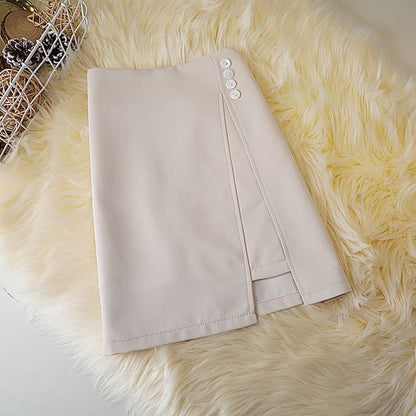 A-Line Mini Plain Skirt Waist High Panel Button