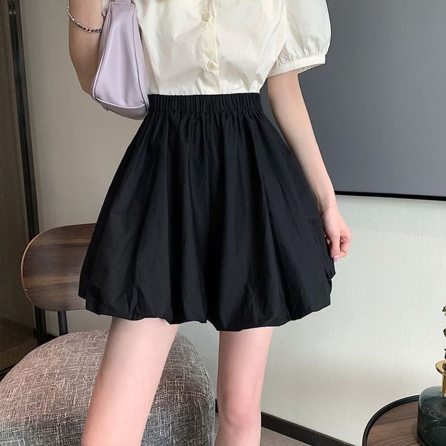 A-Line Mini Skirt Balloon Waist Plain Elastic