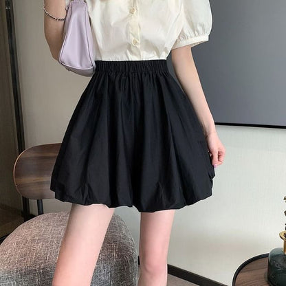 A-Line Mini Skirt Balloon Waist Plain Elastic