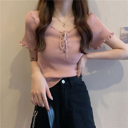 Short-Sleeve Knit Up Lace Top Ribbed V-Neck Plain