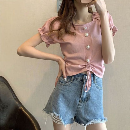 Drawstring Plain Button Neck Pearl Short-Sleeve Faux Square Top Knit
