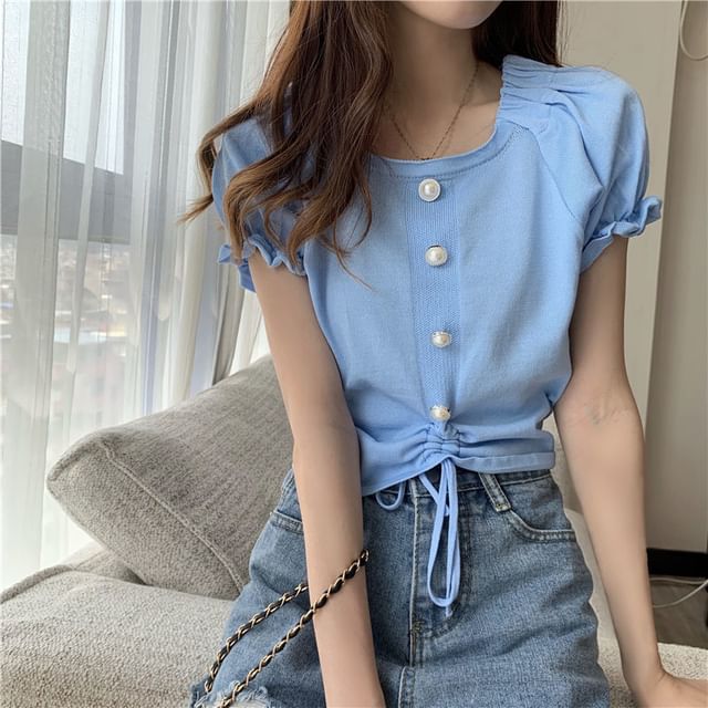 Drawstring Plain Button Neck Pearl Short-Sleeve Faux Square Top Knit