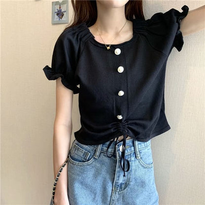 Drawstring Plain Button Neck Pearl Short-Sleeve Faux Square Top Knit