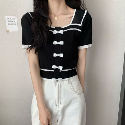 Square Short-Sleeve Top Neck Knit Bow