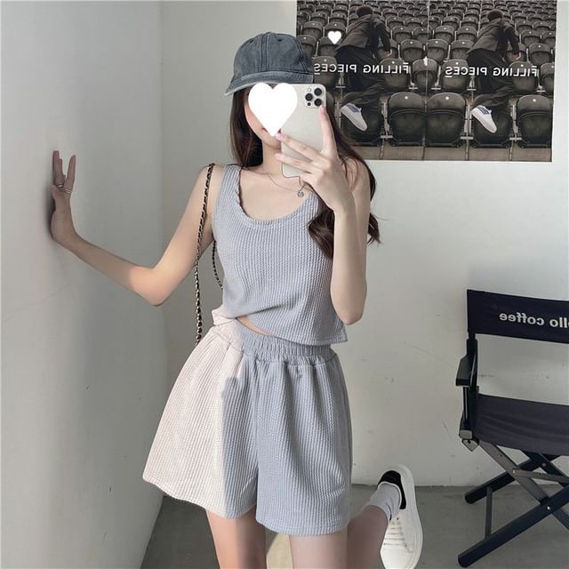 Scoop Shorts Set: + Waist Top Plain Elastic Neck Sweat Tank