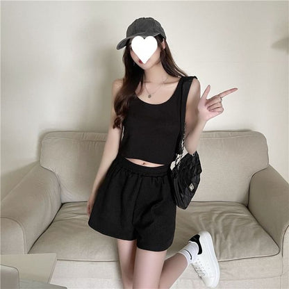 Scoop Shorts Set: + Waist Top Plain Elastic Neck Sweat Tank