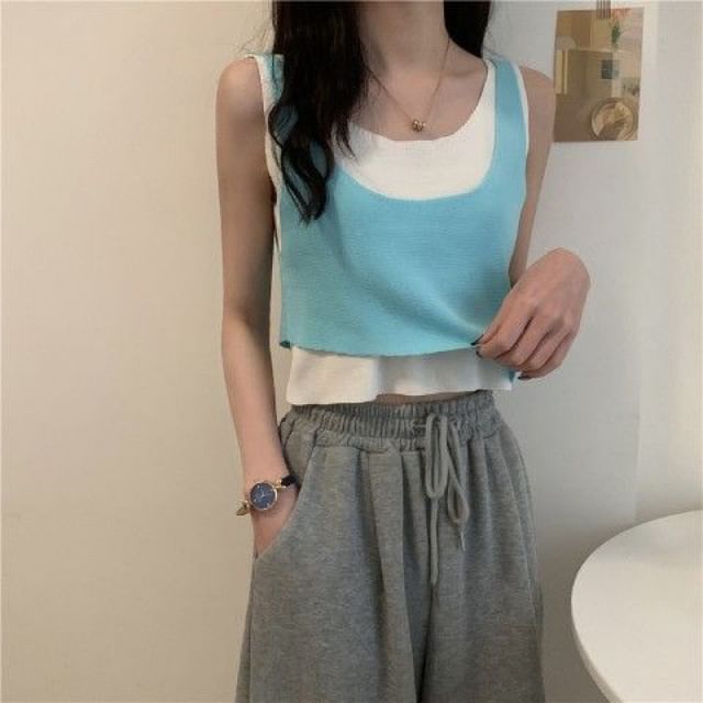 Scoop Top Piece Neck Knit Mock Two Tank