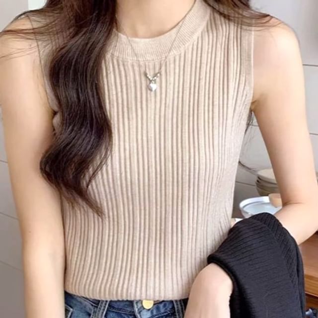 Tank Top Knit Ribbed Plain Neck Crew