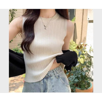 Tank Top Knit Ribbed Plain Neck Crew