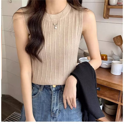 Tank Top Knit Ribbed Plain Neck Crew