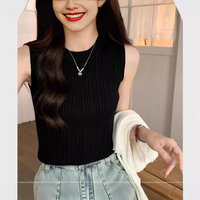 Tank Top Knit Ribbed Plain Neck Crew